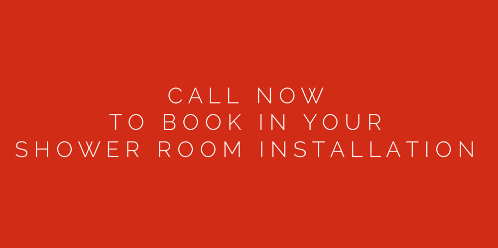 Red image with white writing saying Call now to book in your shower installation