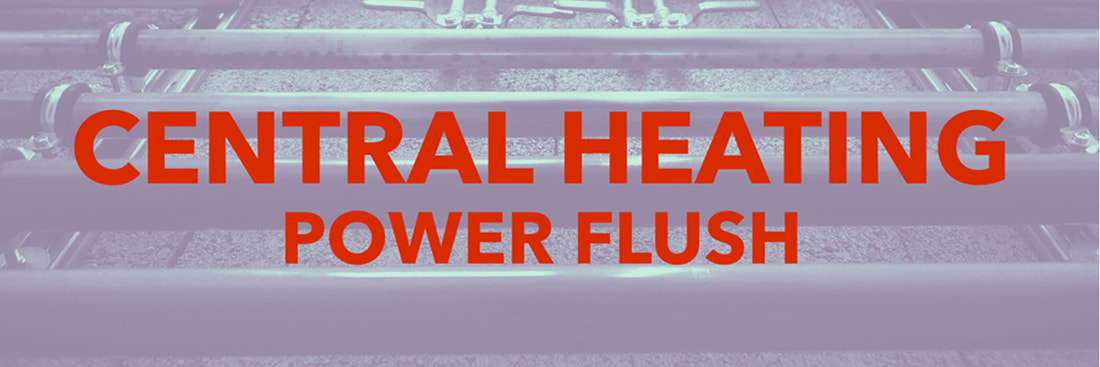 Central Heating Power Flush in red text with pipes as the background image