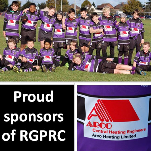 Sponsors of Romford Rugby Arco. A trio of photos. The main photo is of  a group of young boy rugby players in a rugby field. One row of  boys is kneeling on the grass, with a row behind standing up. Each boy is wearing their rugby kit with Arco's logo. the second image on the left is black background with white writing that says proud sponsors of RGPRC and the final image is a close up of the rugby players tops that reads, Arco Central Heating Engineers, Arco Heating Limited.